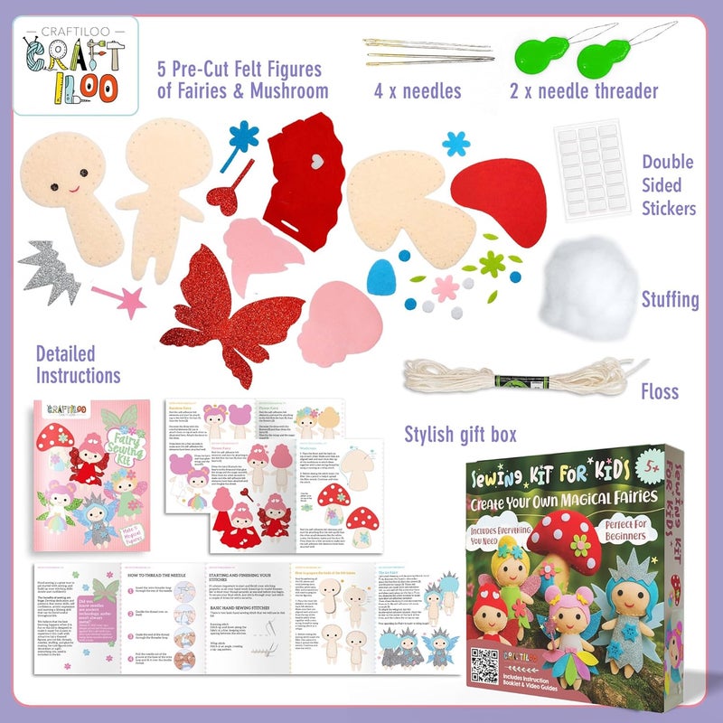 CRAFTILOO Fairy Sewing Kits for Little Girls 5 Easy Projects for Childrens Kid Crafts Make Your Own Felt Pillow Plush Craft Kit My First Sewing Kit Learn to Sew - Image 5
